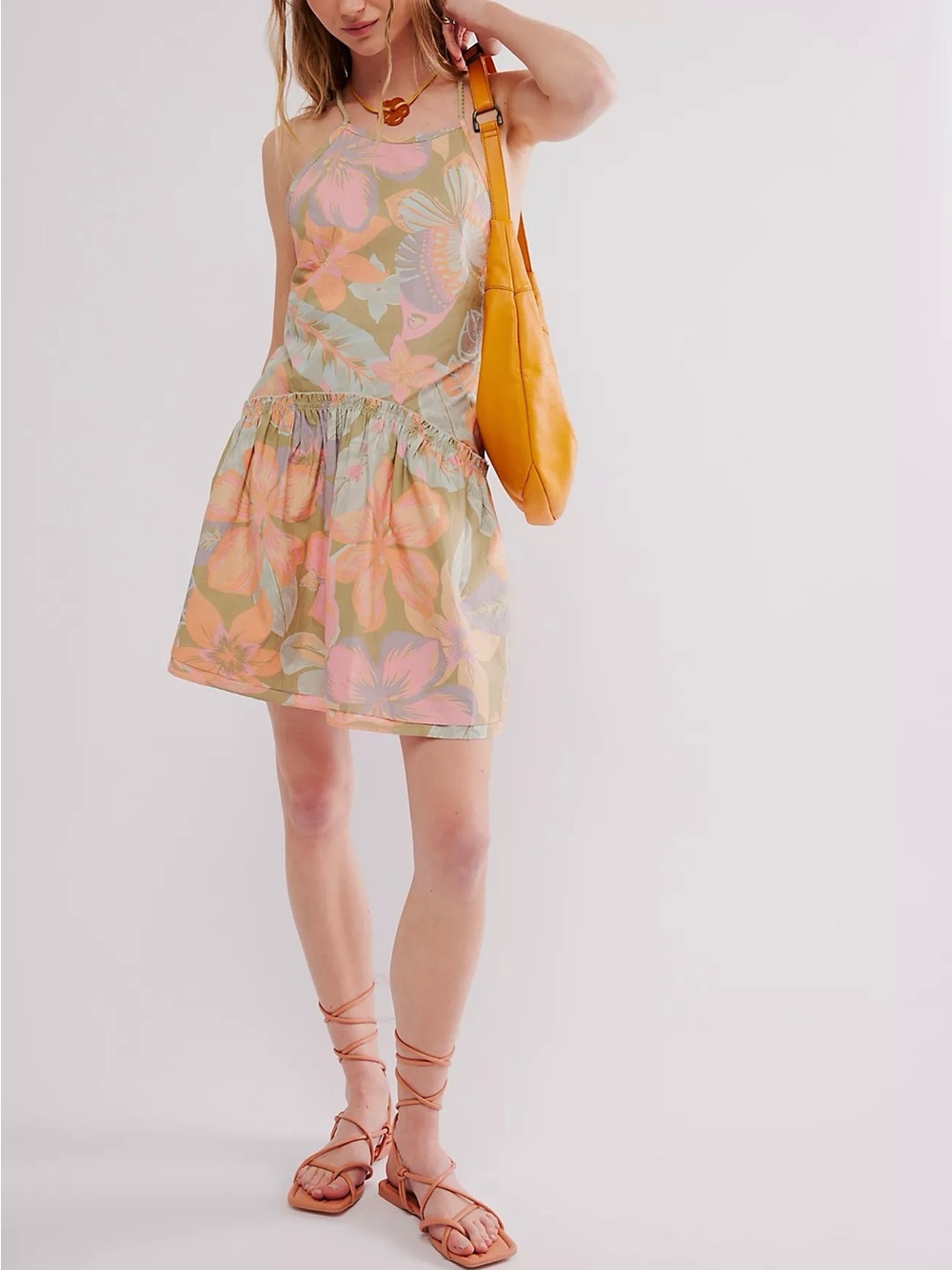 Free People Deserted Island Mini Dress Floral Open Back Drop Waist Cotton Poplin